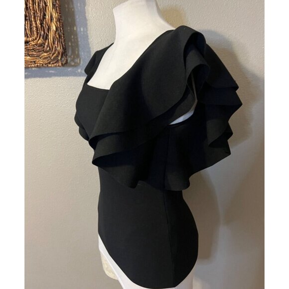 INC Top S Small Black Short Flutter Ruffle Sleeves Stretch Square Neck NWT - Picture 4 of 10